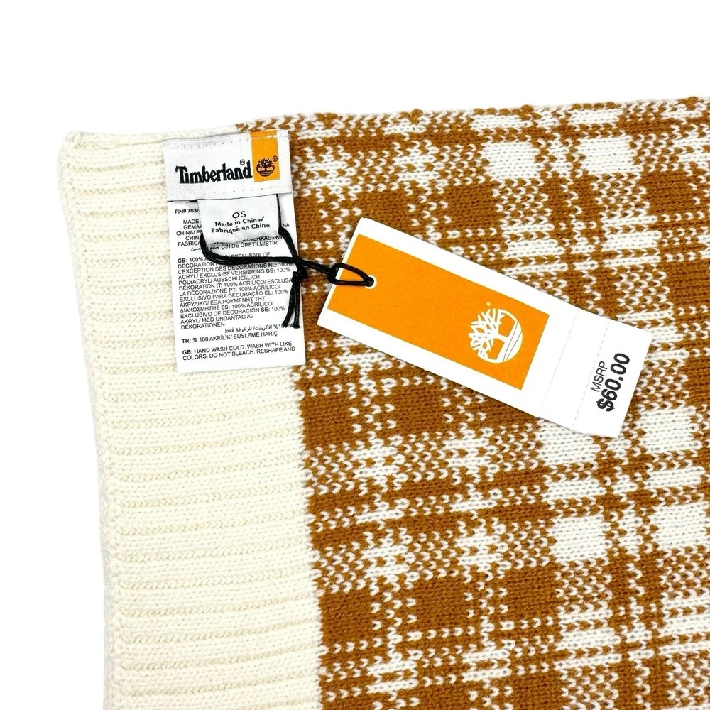 Timberland Buffalo Plaid Knit Scarf‎ Wheat Tan Cream Chunky Unisex OS NWT $60
